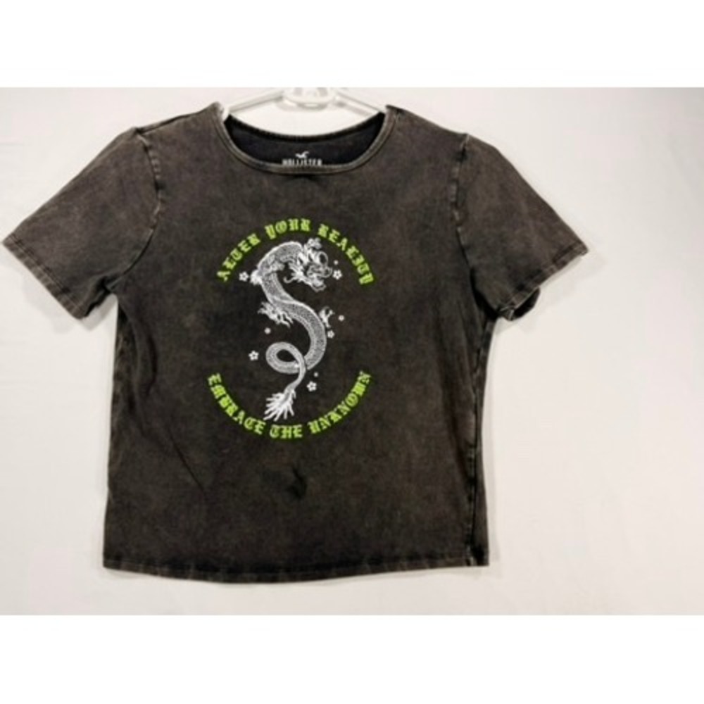 Hollister Dragon Graphic Tee Women Medium Grey Acid Wash Grunge Edgy